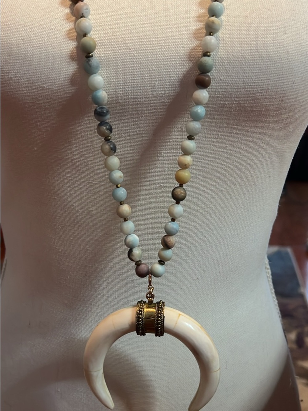 Beaded Amazonite Necklace with Ivory Crescent Pendant